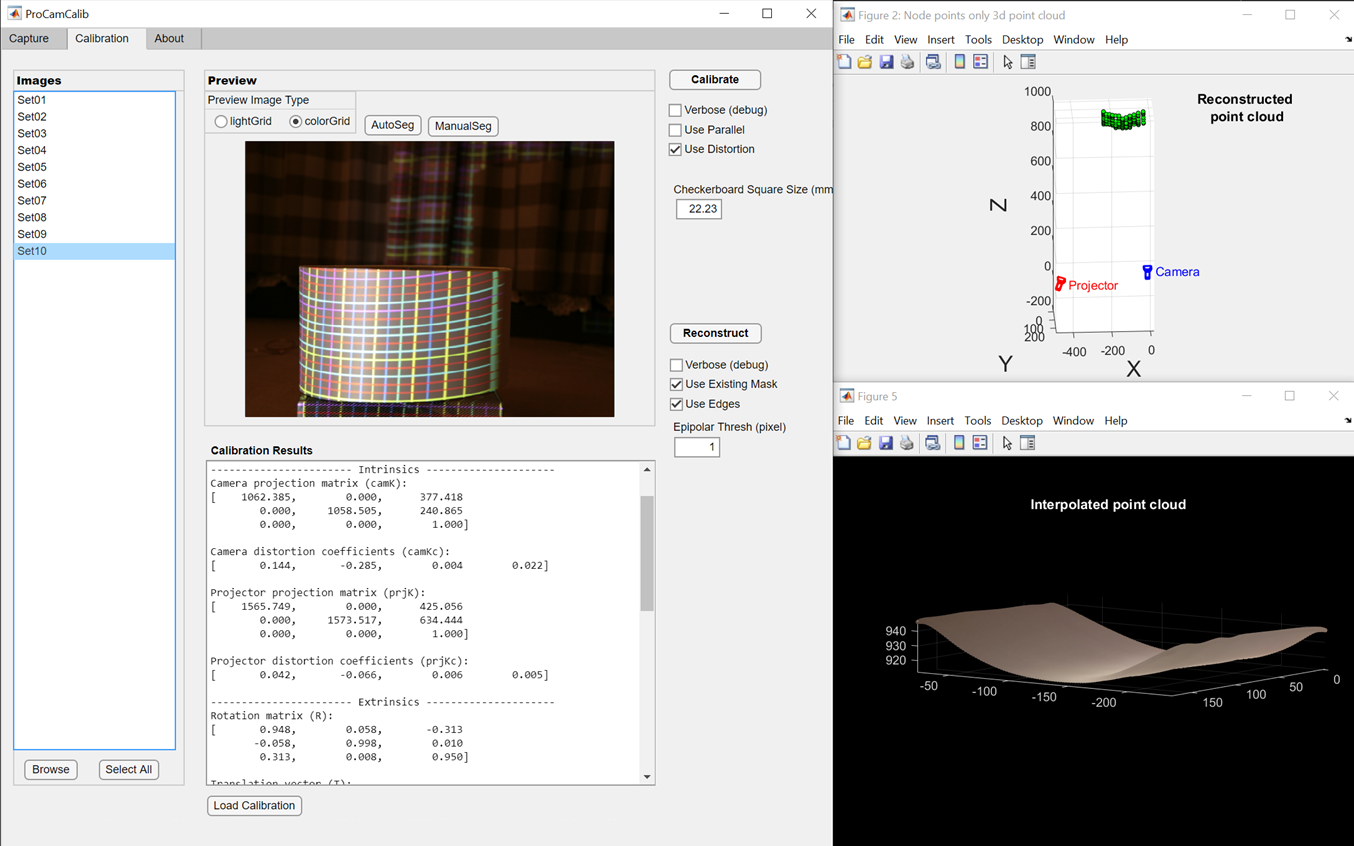 Projector-camera calibration software and recovered surface geometry.